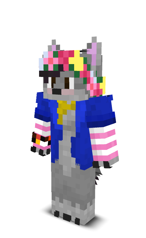 a fox-wolf in a blue hoodie with ears and a tail