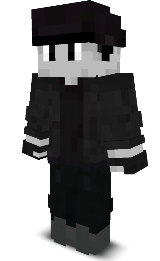 an expressionless person in black clothing with a black cap