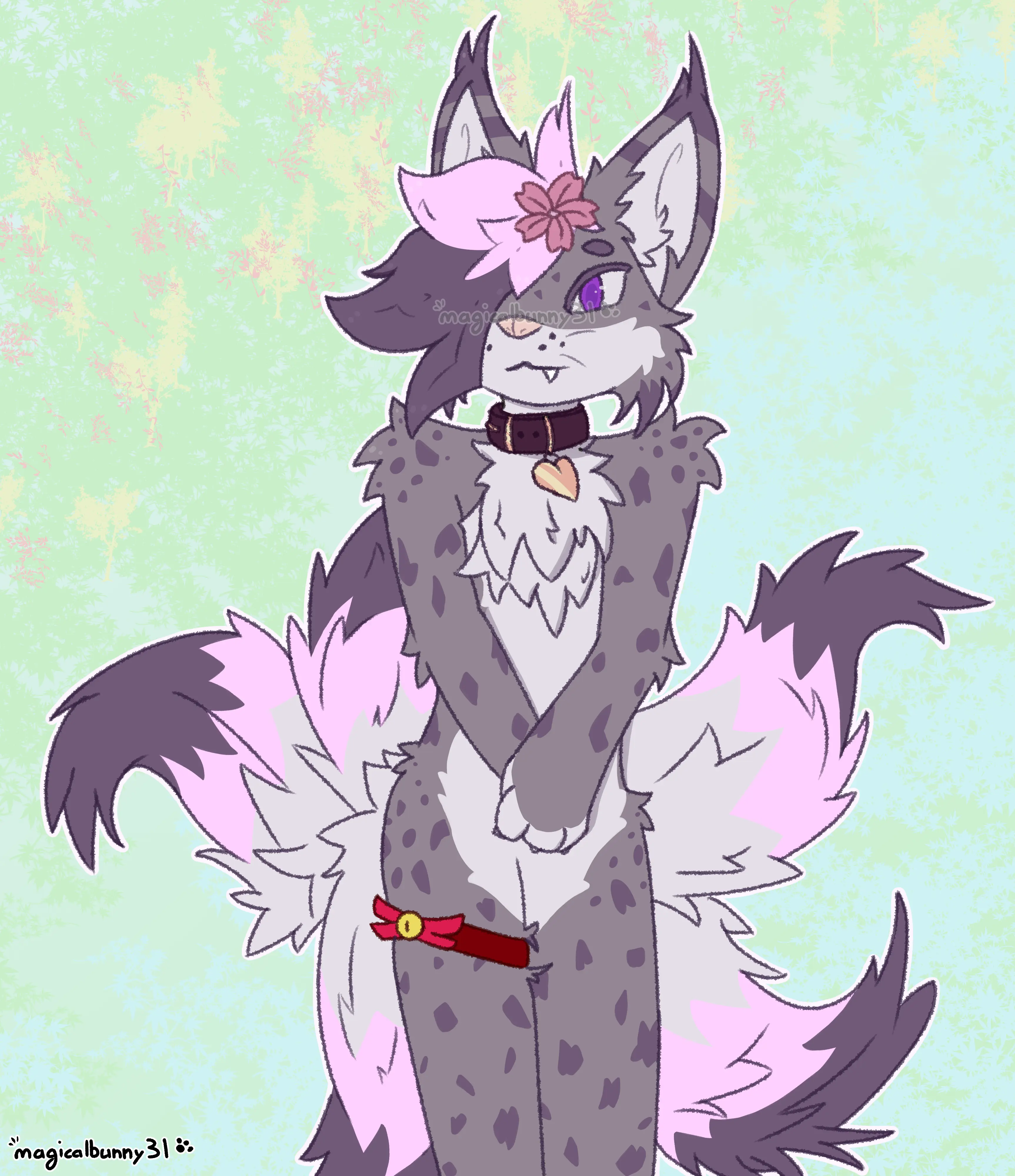 a grey and purple kitsune-lynx hybrid looking forwards