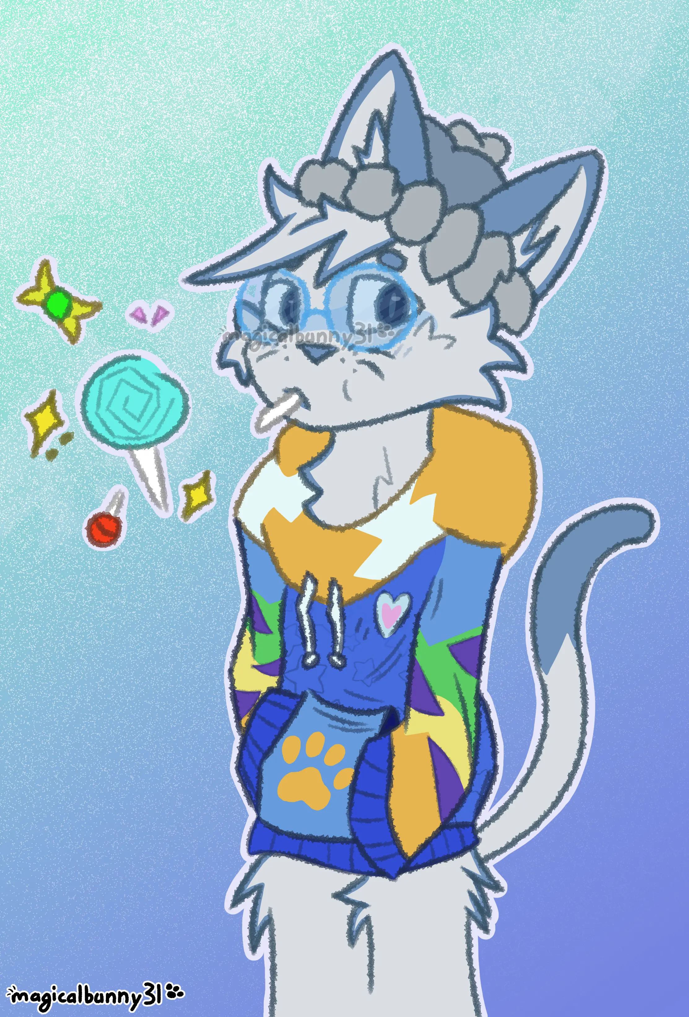 a blue snow-cat with glasses and a pastel hoodie sucking on a lollipop