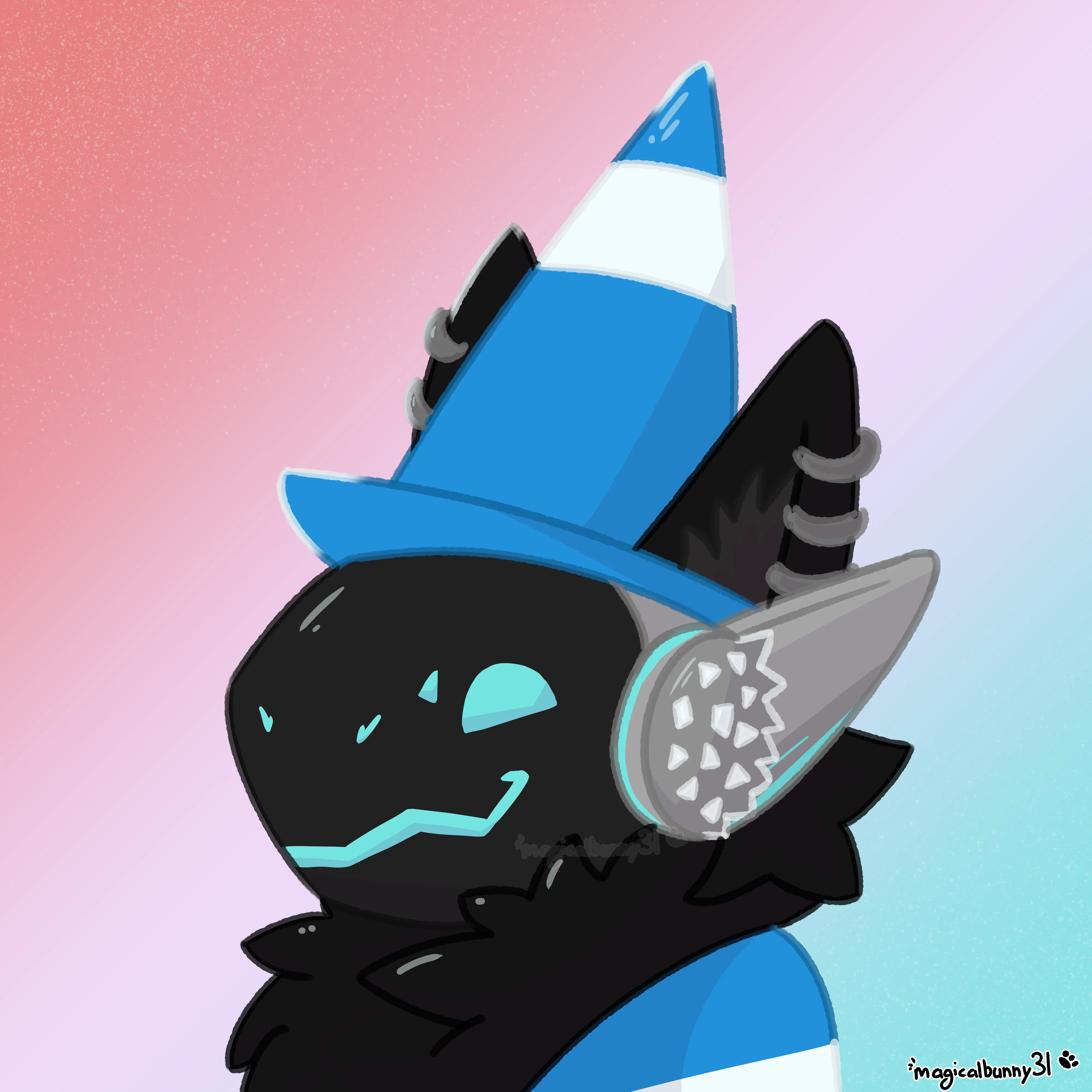 a black-furred protogen with a blue cone hat