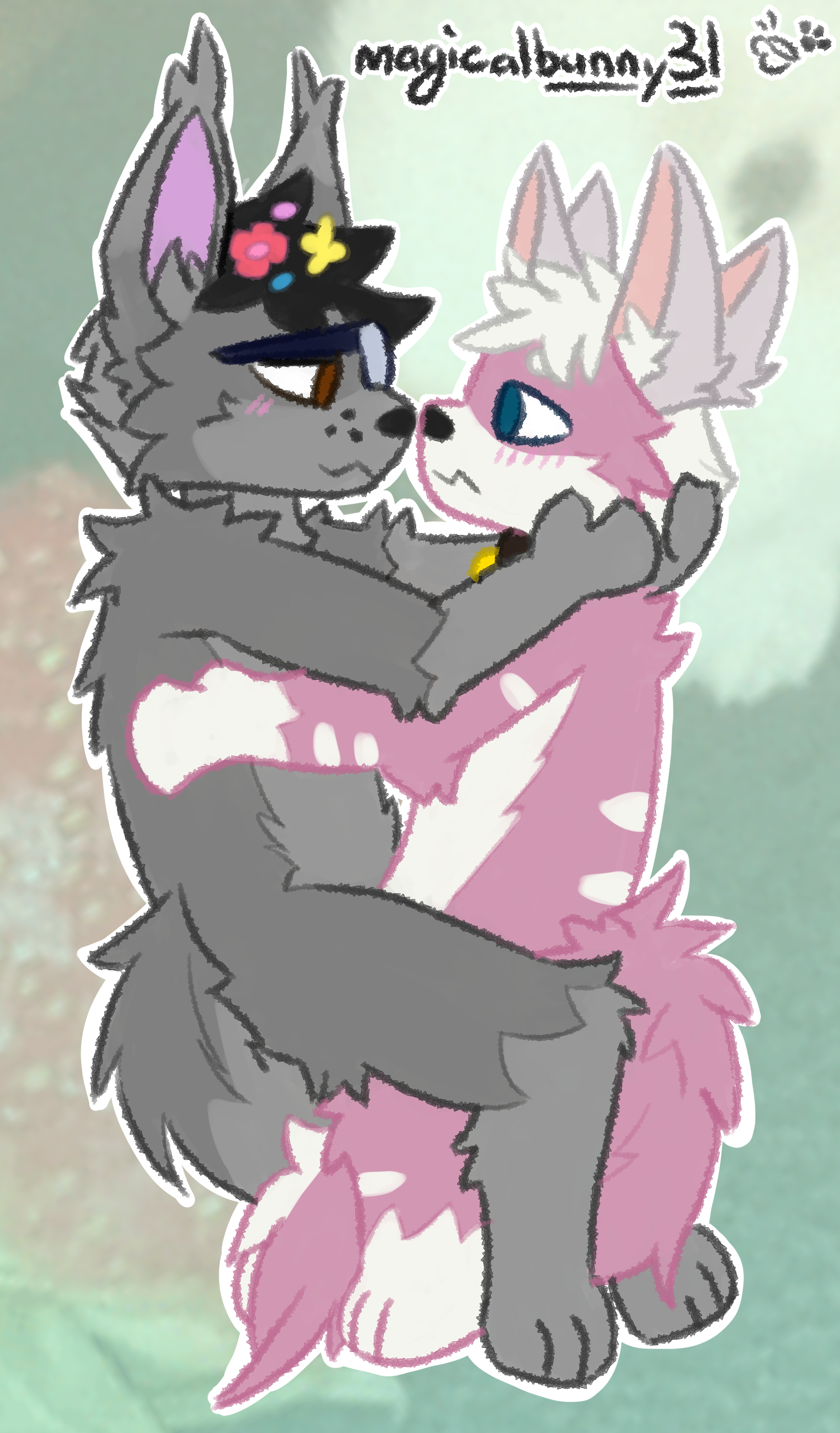 a grey fox-wolf and a pink fox laying down and cuddling with each other, looking into each other's eyes. the pink fox is looking flustered at the grey fox-wolf.