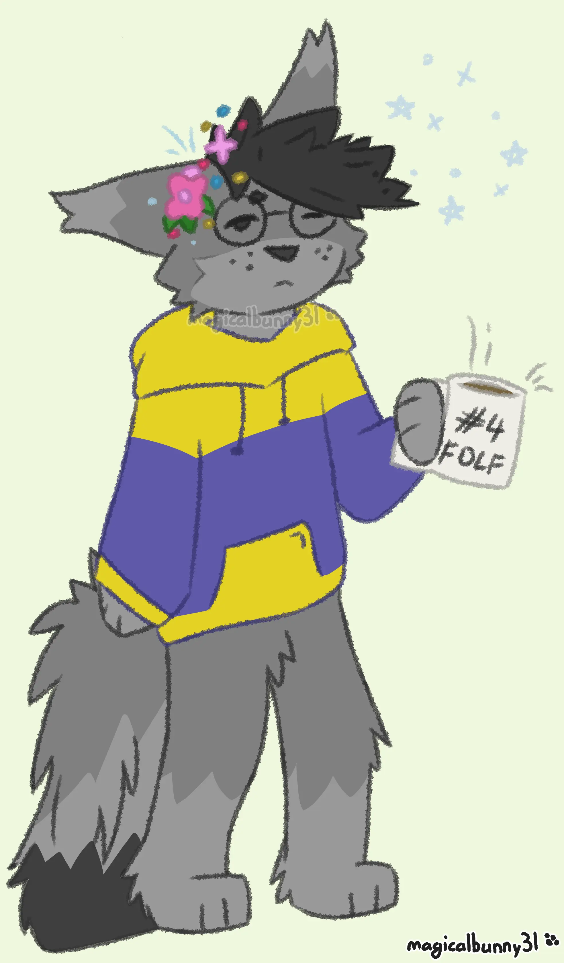 a sleepy fox-wolf standing, holding a mug saying "#4 folf"