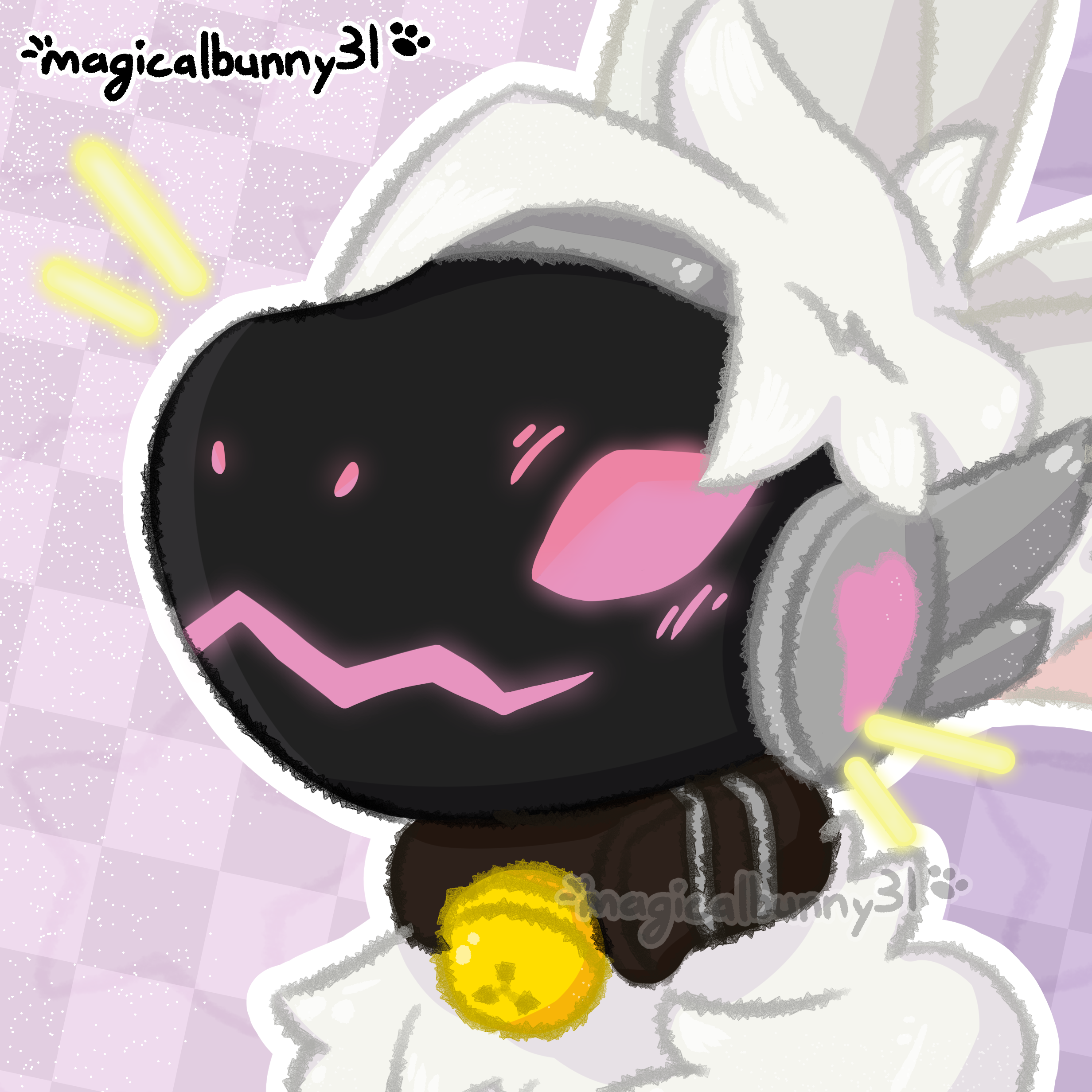 a cropped icon bust of a pink-and-white-furred fox with with a glowing pink protogen visor looking at the viewer.