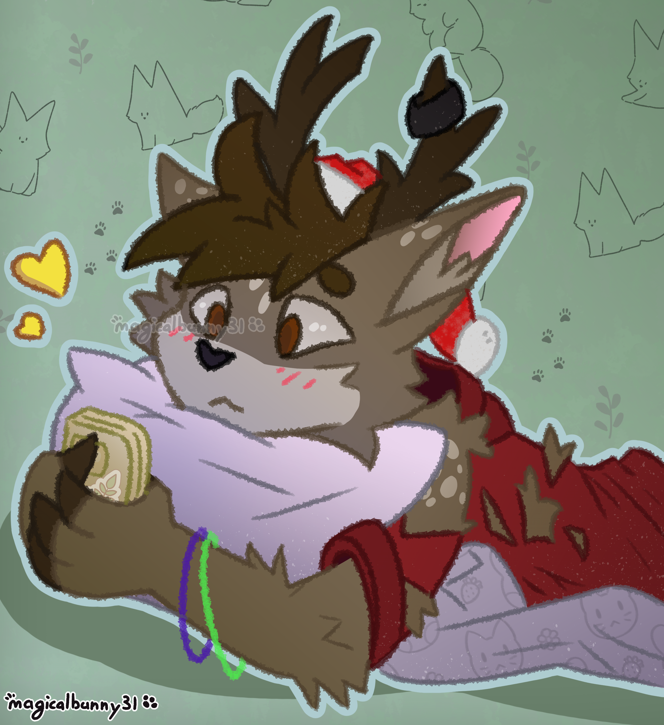 a brown deer wearing a ripped red hoodie, a draped santa hat, and neon bracelets laying on a patterned blanket. he is hugging a pillow whilst holding a phone and staring intently at it. two yellow hearts are emitted from the phone.