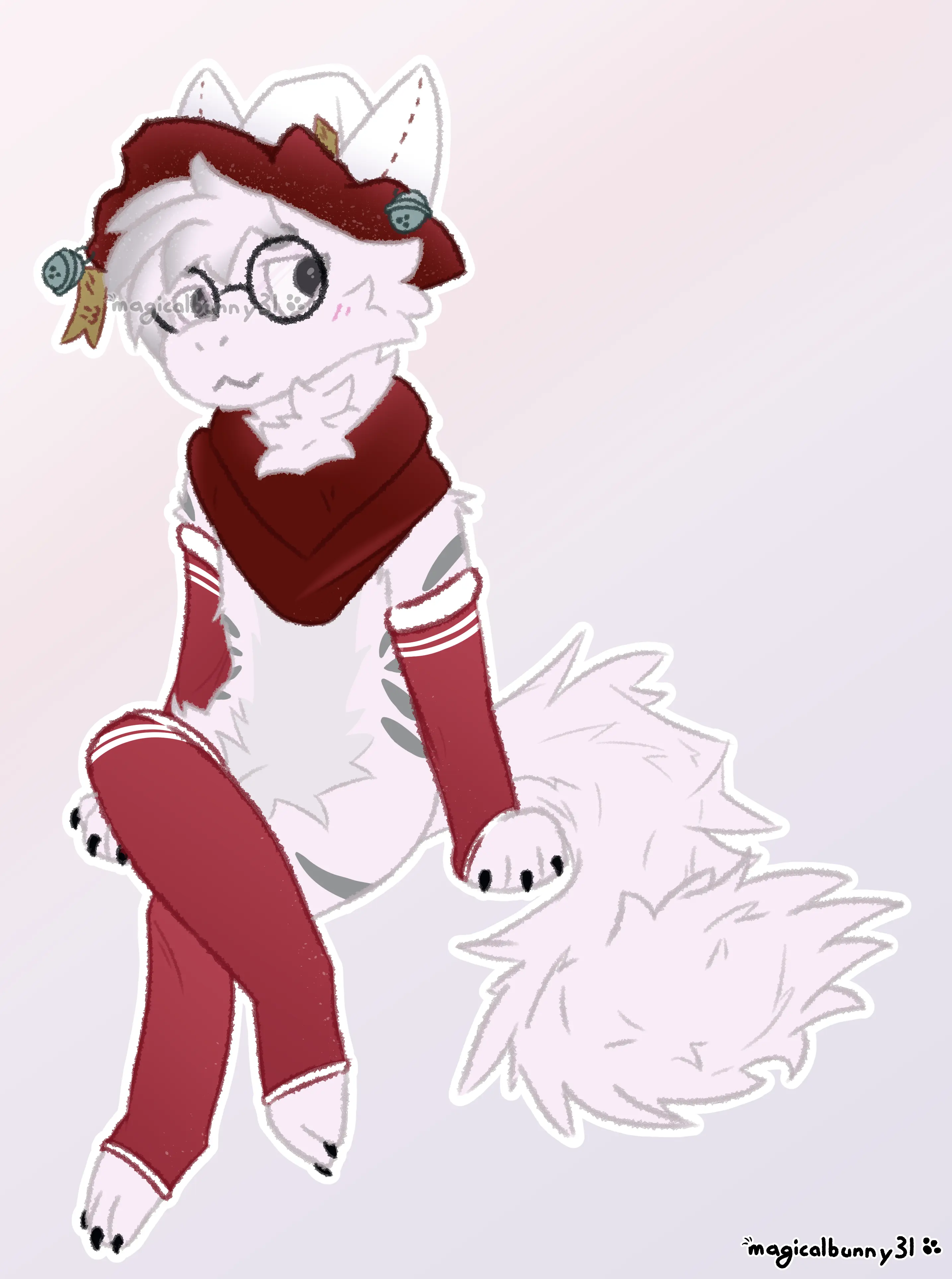 a white kemono dragon with a fox body sitting down with their right leg hanging over their left leg, wearing: some red thigh highs, some red arm warmers, a crimson scarf, and a crimson-red-ivory nekomata witch hat with tags and bells dangling. they are wearing black glasses; have long grey hair tufts with grey fur patterns; and have an extruding long fluffy tail.