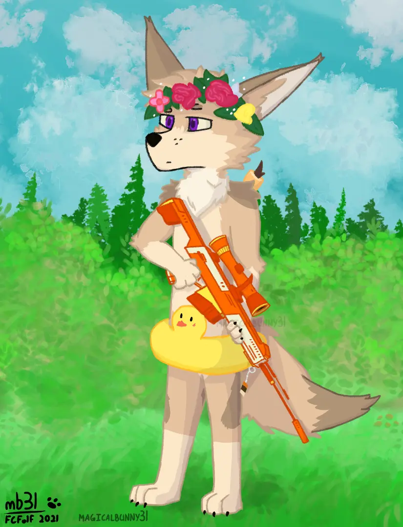 a fennec fox holding a sniper rifle pointed to the ground