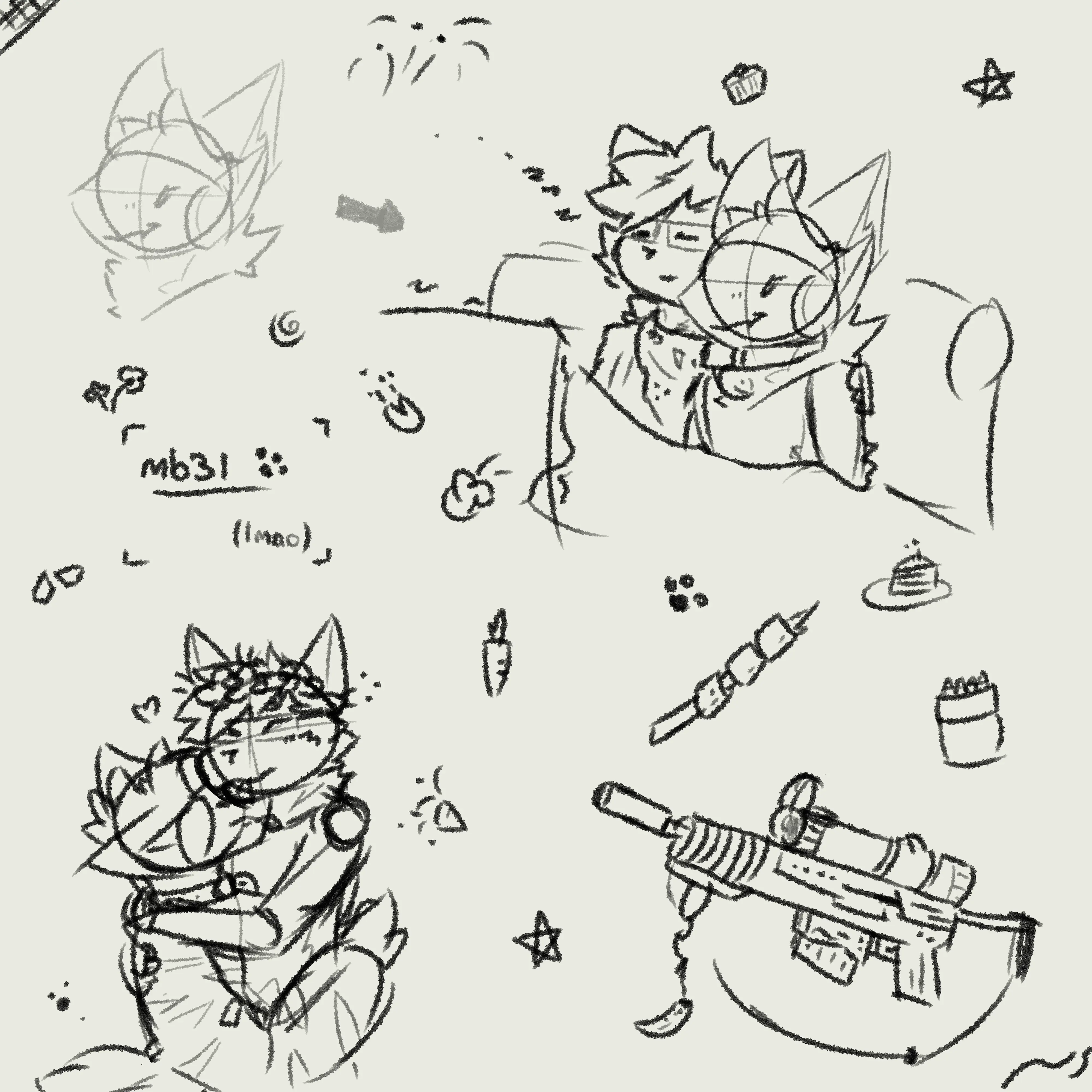 a sketch page of various doodles: a protogen, a fox-wolf and a protogen on a sofa under a blanket, a protogen clinging onto a fox-wolf, a sniper rifle