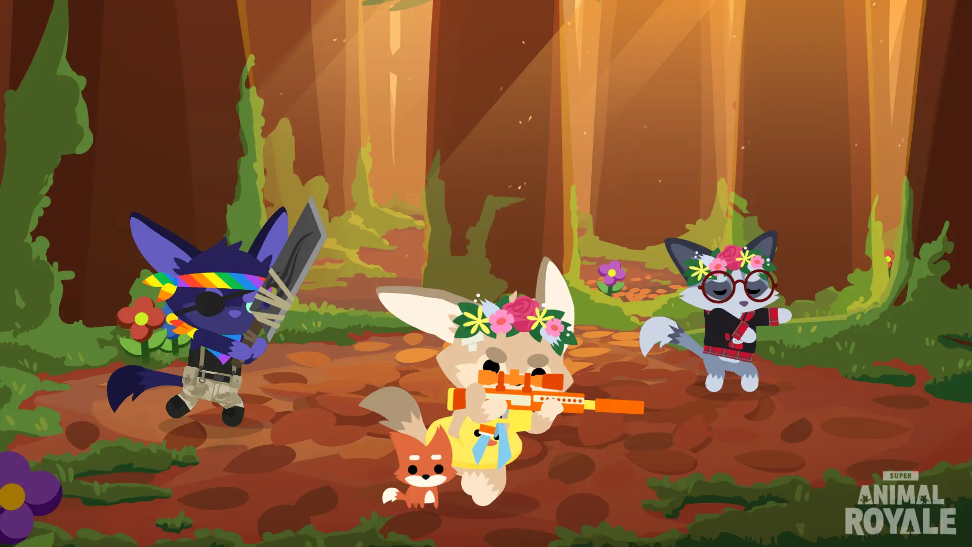 left to right: a twilight-coloured fennec walking, holding a broadsword; a fennec creeping whilst holding a sniper rifle; a platinum fox dancing