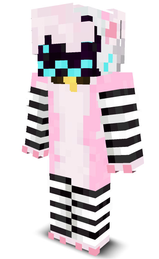 a pink fox with a protogen visor in black thigh highs and arm warmers