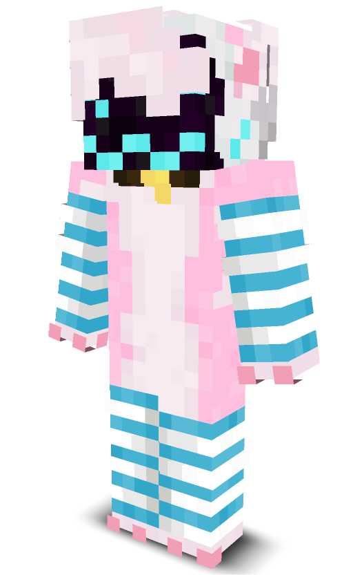 a pink fox with a protogen visor in blue thigh highs and arm warmers