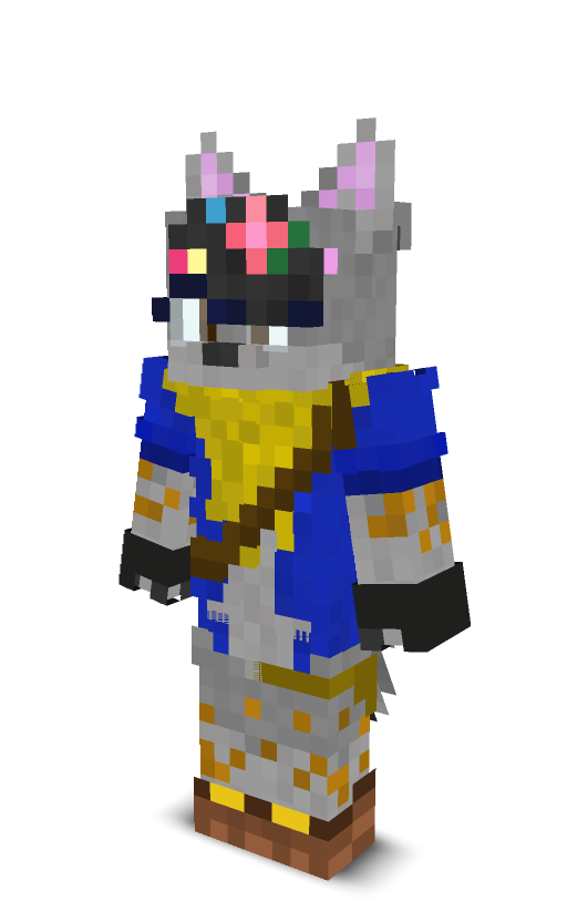 a fox-wolf wearing: a brown sling, a black glove, and brown boots