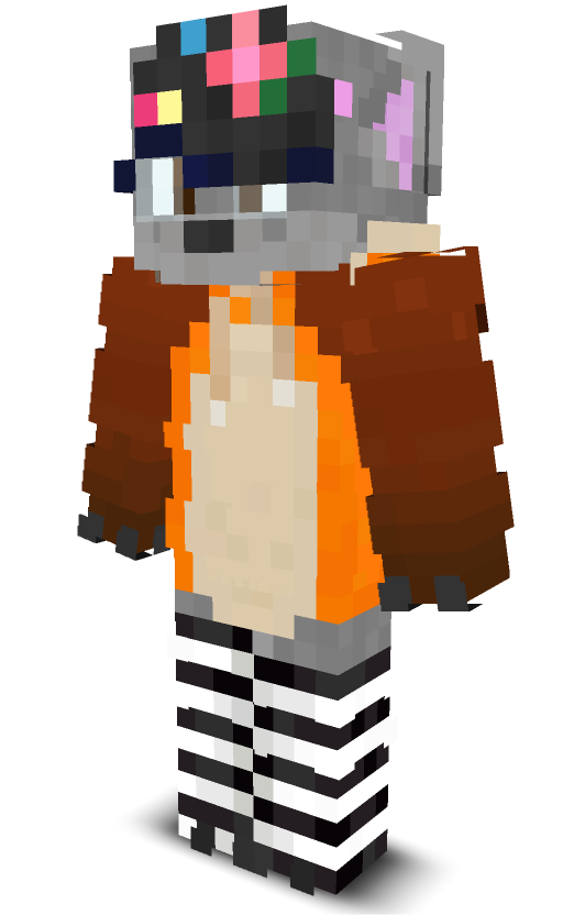 a fox-wolf in an orange hoodie with black thigh highs