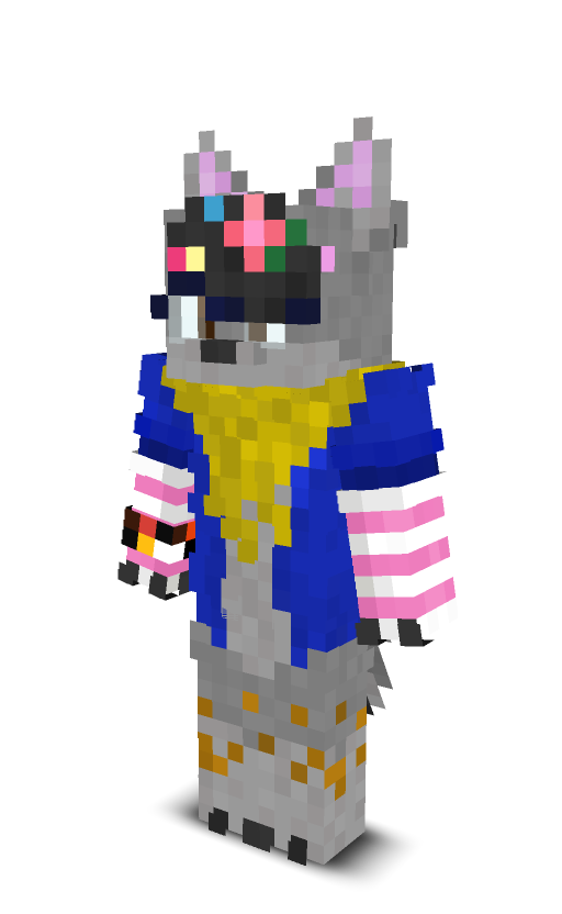 a fox-wolf in a blue hoodie with pink arm warmers