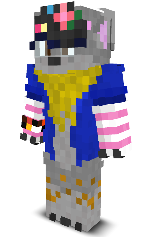 a fox-wolf in a blue hoodie with pink arm warmers